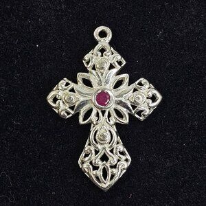 925 Sterling Silver Filigree Cross Pendant Red Stone Openwork 3.79g 34.5mm C^A